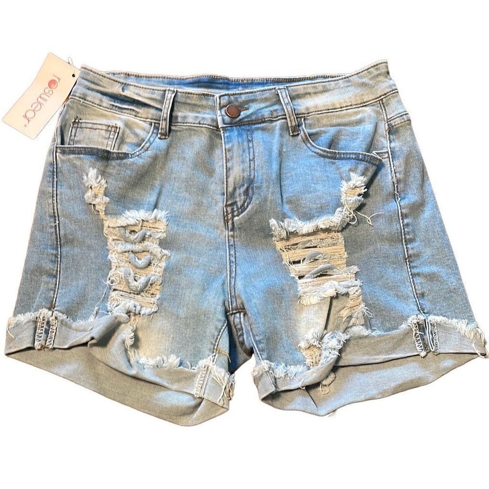 Roswear distressed stretch denim jean shorts light wash L 12-14